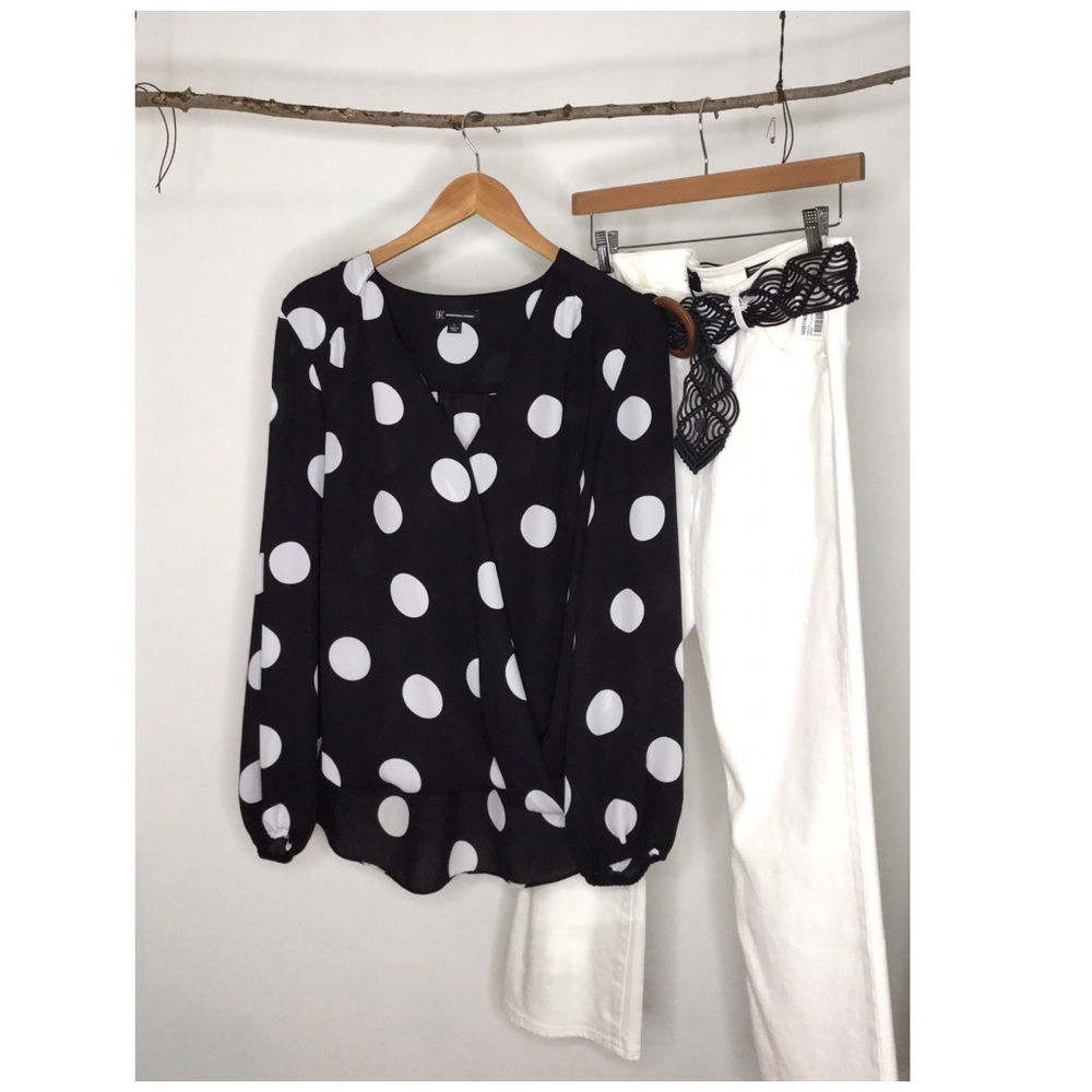 Black and White Polkadot Faux Wrap Blouse